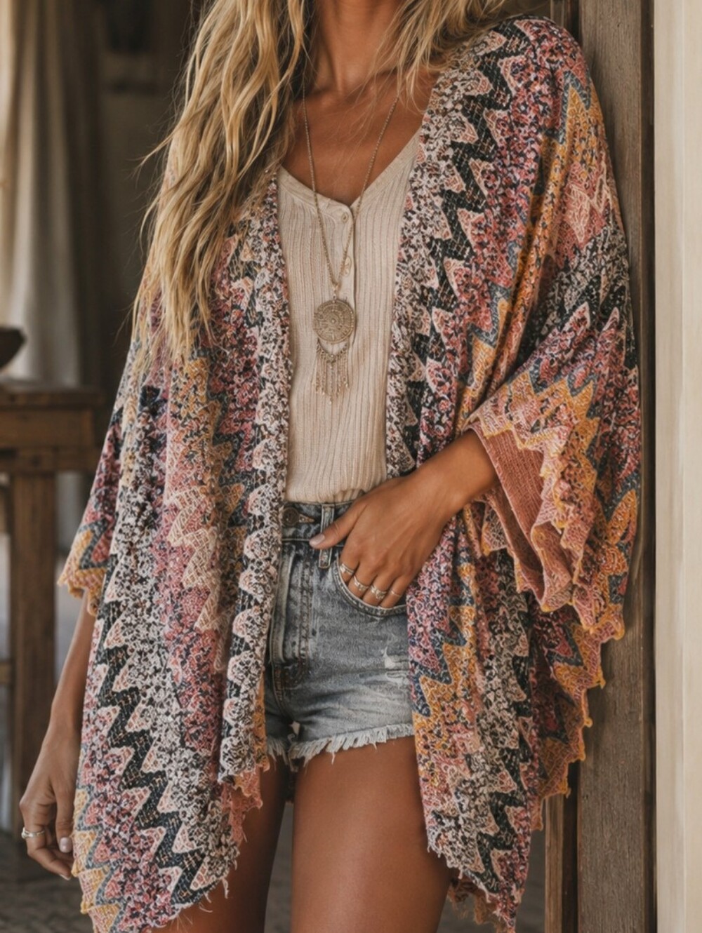 $128 Anthropologie x Akemi + Kin Alva Wrap Tan Multi Chevron Textured Size O/S